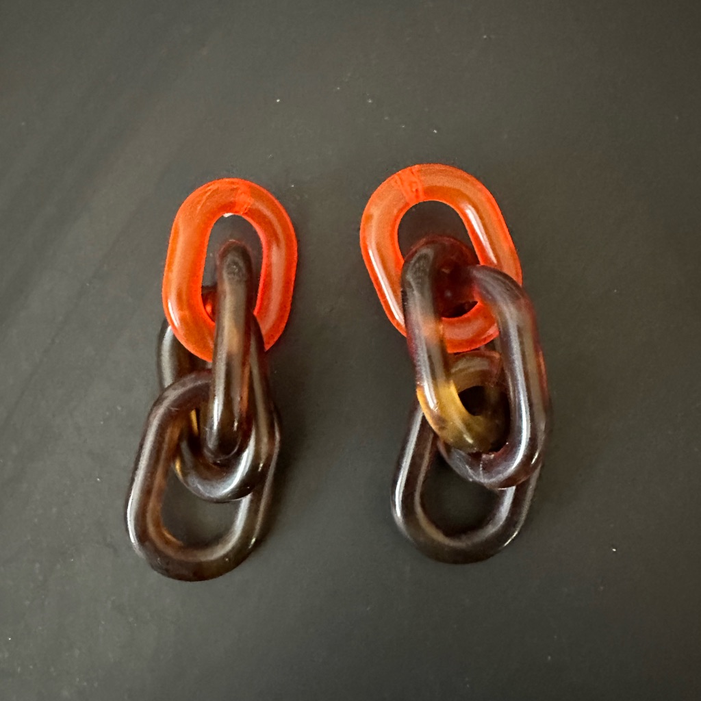 Chunky, Tubular Orange And Tortoise Brown Chain Link Earrings